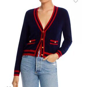 AQUA Cashmere Stripe Trim Novelty Button Cashmere Cardigan-lady jacket-Navy/red